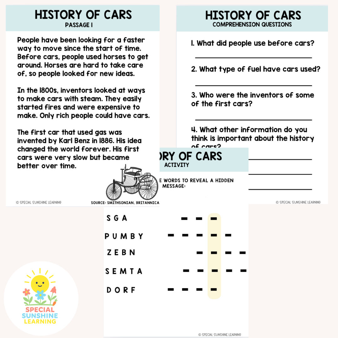 "Car Mechanics" Reading Passages & STEM Comprehension Activities FREEBIE