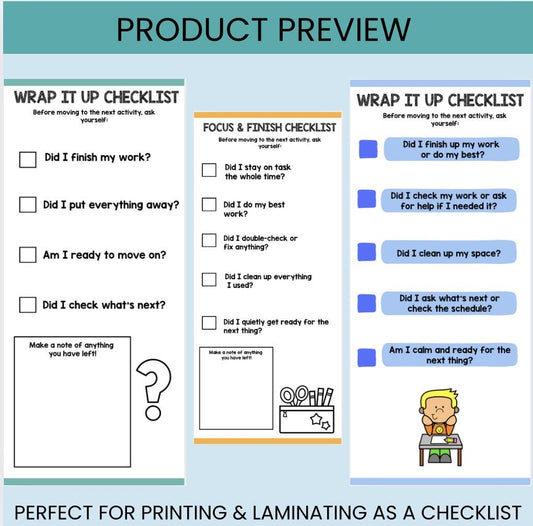Executive Functioning Wrap-Up Checklists Printable | Task Transition Tools