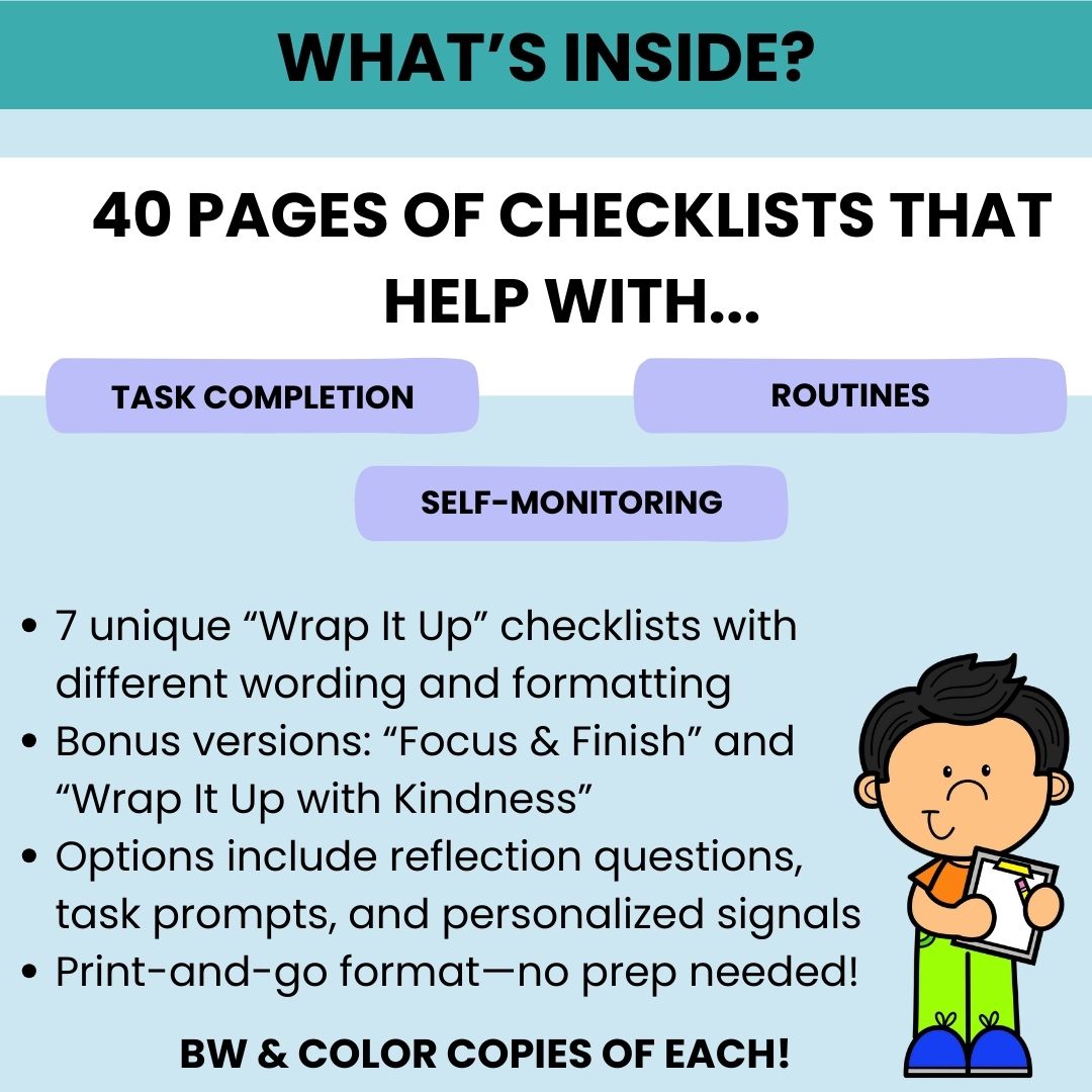 Executive Functioning Wrap-Up Checklists Printable | Task Transition Tools FREEBIE