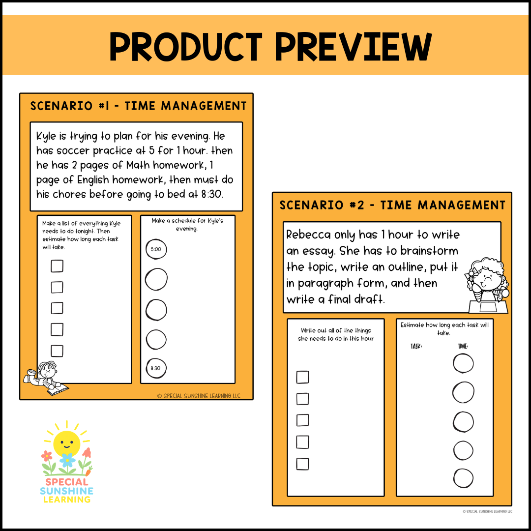 Executive Functioning Skills "Time Management" Scenarios & Activities FREEBIE