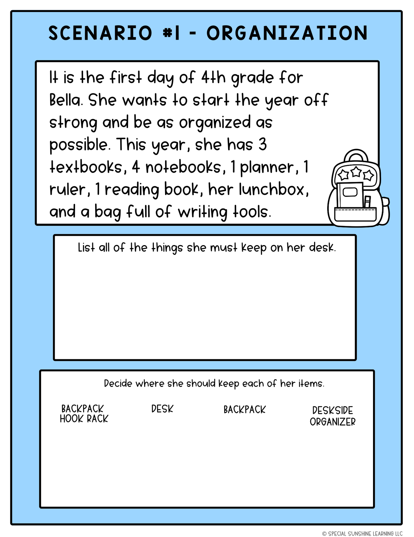 Executive Functioning Skills "Organization" Scenarios & Activities FREEBIE