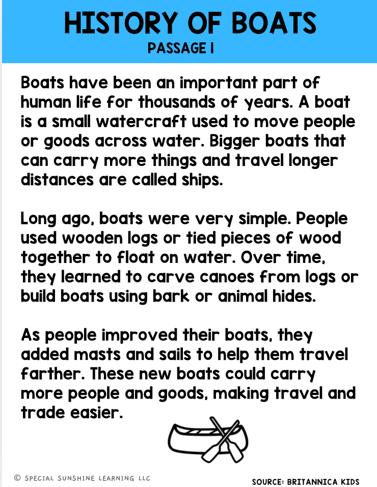"Boat Mechanics" Reading Passages & STEM Comprehension Activities FREEBIE