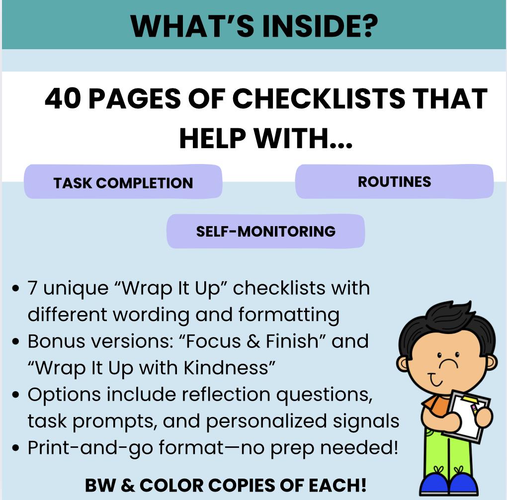 Executive Functioning Wrap-Up Checklists Printable | Task Transition Tools